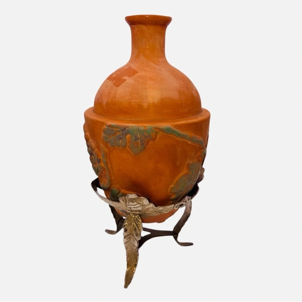 VTG Terracotta Vessel Raised Leaf Fruit Motif Vase With Brass Stand